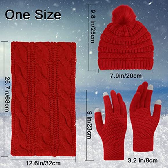 Winter Beanie Scarf Gloves Set Knit Faux Fur Ball Touch Screen Gloves main image 4
